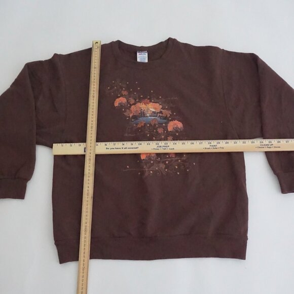 Vintage Jerzees Brown Autumn Landscape Cabin Lake Leaves Graphic Sweatshirt L - Picture 3 of 9